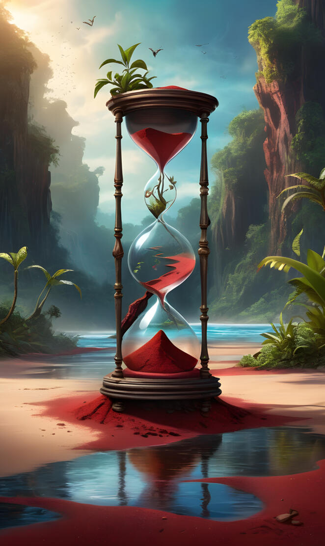 Hourglass, with red abd black sand growing plants.
