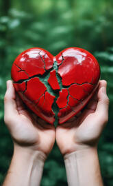 a hand holding a red broken Heart