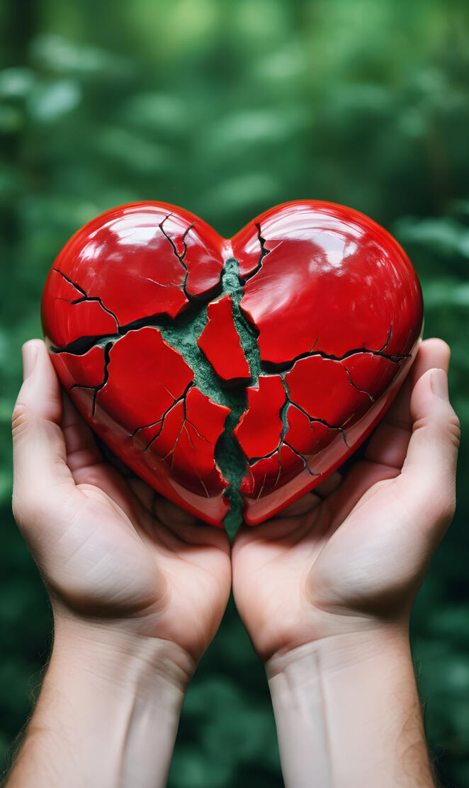a hand holding a red broken Heart