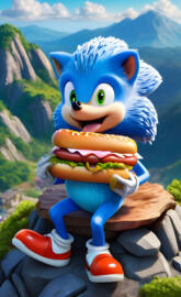 a cartoon character holding a sandwich