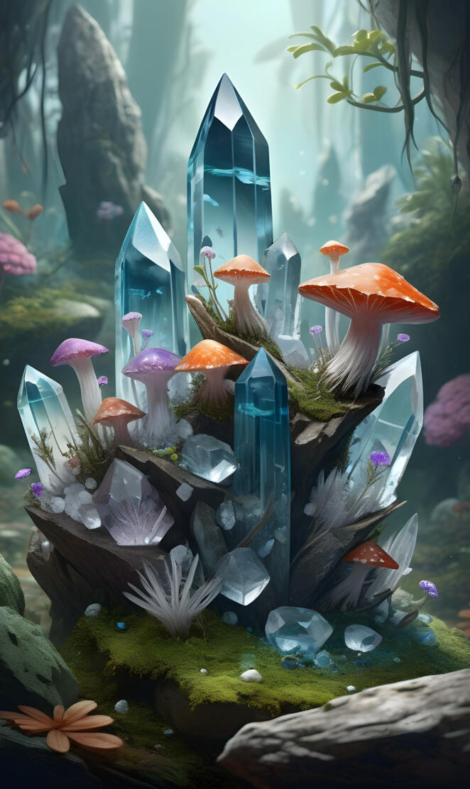 mushrooms and crystals