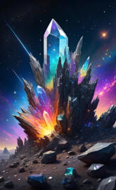 a star filled sky over a rocky beach