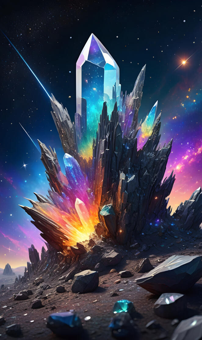 a star filled sky over a rocky beach