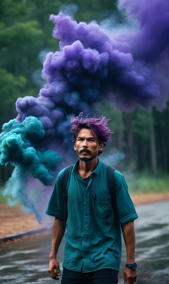 a man with a blue smoke cloud