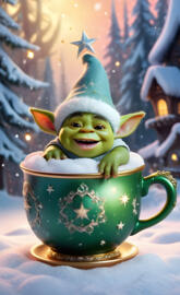 a green and white ceramic mug with a green face and a green hat