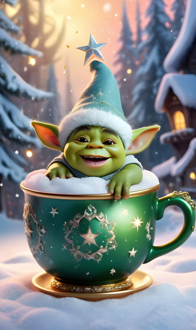 a green and white ceramic mug with a green face and a green hat