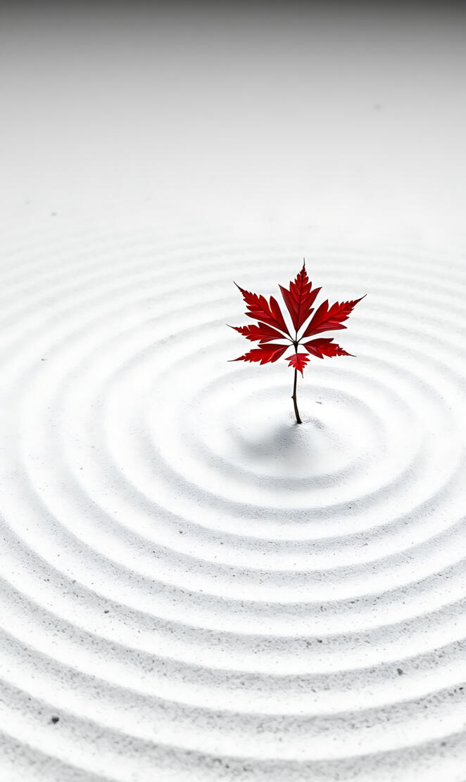 Solitary Maple Leaf on White Sand Ripples Zen Garden