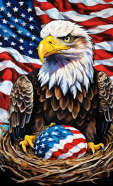 a bald eagle in front of a flag