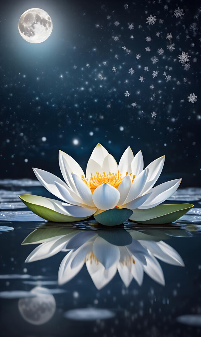 snow falling on lotus flowers