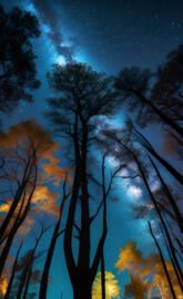 Sceneries 314 Towering, Iuminescent trees stretch towards a starry nig