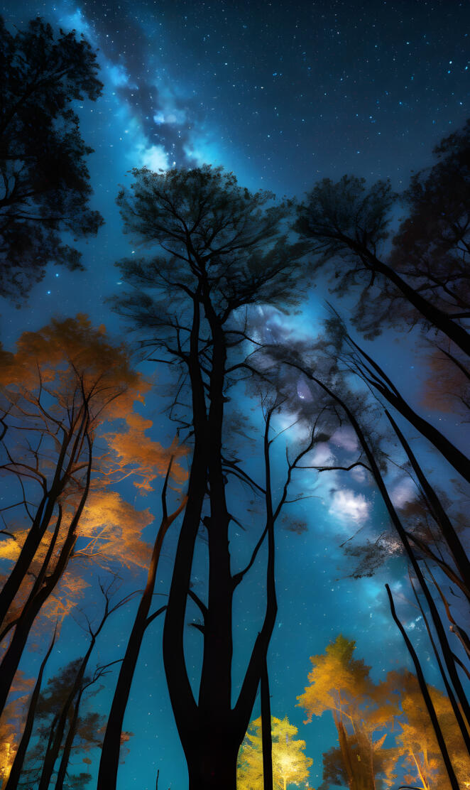 Sceneries 314 Towering, Iuminescent trees stretch towards a starry nig