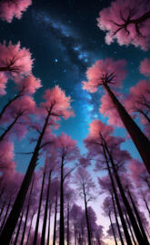 Sceneries 314 Towering, Iuminescent trees stretch towards a starry nig