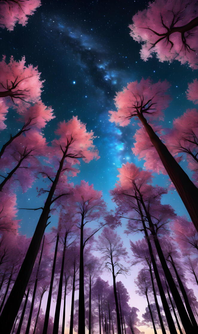 Sceneries 314 Towering, Iuminescent trees stretch towards a starry nig