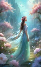 princess in a castle courtyard surrounded by cherry blossoms