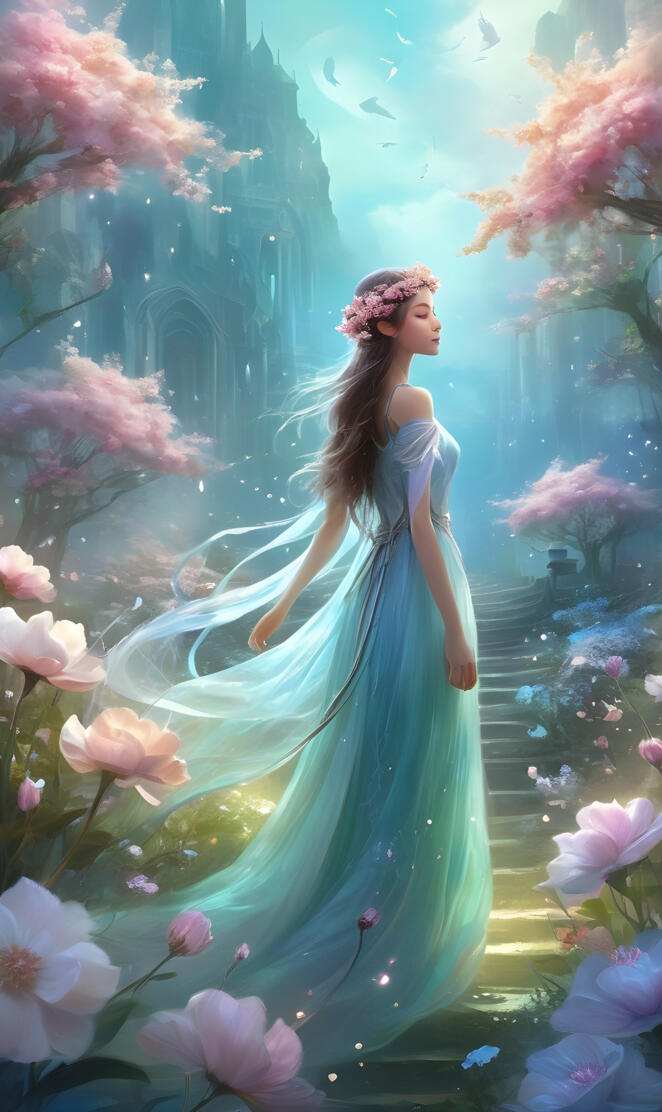 princess in a castle courtyard surrounded by cherry blossoms