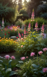 Garden scene with blooming flowers