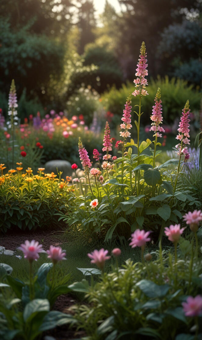 Garden scene with blooming flowers