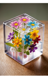A clear box filled with colorful flowers on a wooden table.