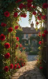A full bloom rose garden near elegant old house