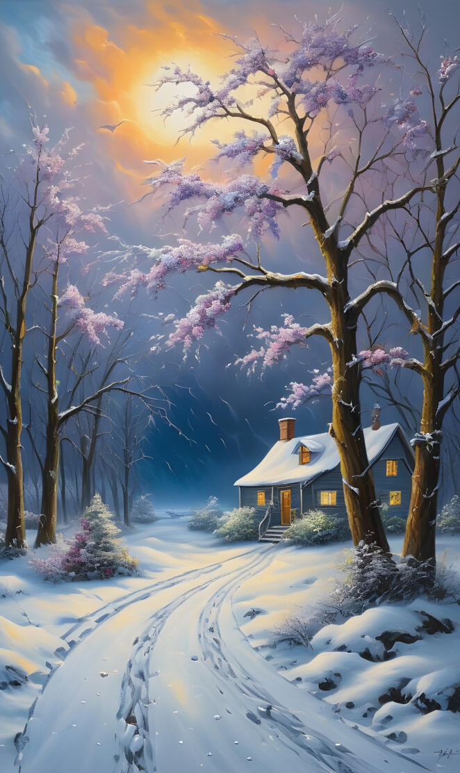 a house with trees and snow on the ground