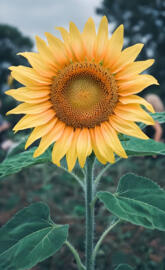 Sunflower blooms against a cloudy sky at a rural garden
