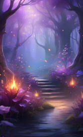 Fantasy fairy tale wallpaper with flame smoke purple forest blooming f