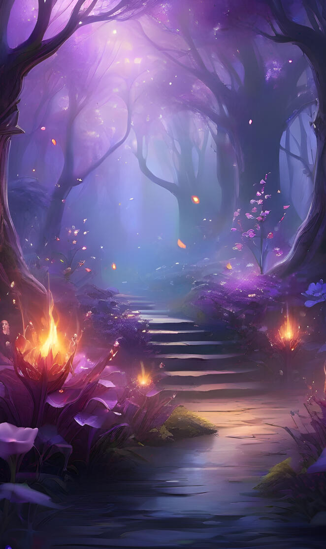 Fantasy fairy tale wallpaper with flame smoke purple forest blooming f