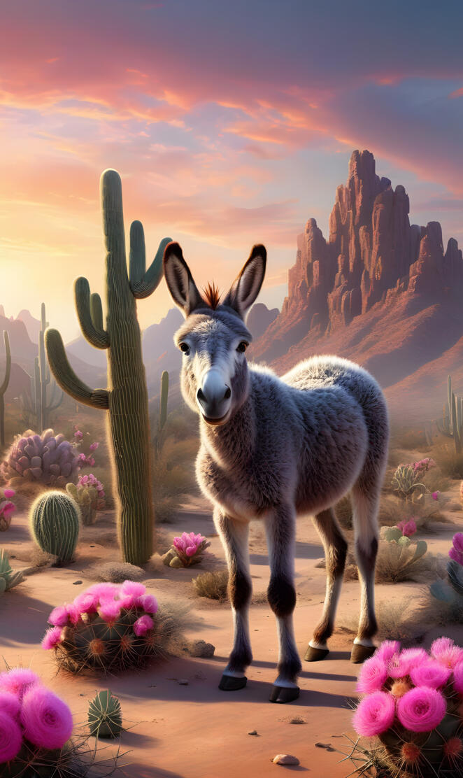 burro, cactus, sunrise