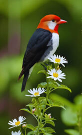 Colorful bird perched on flowers in a lush garden during daylight hour