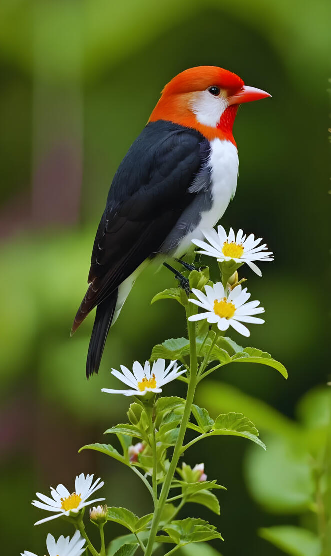 Colorful bird perched on flowers in a lush garden during daylight hour