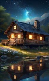 a house with a lake in the front at night