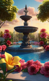 a fountain with flowers in bloom