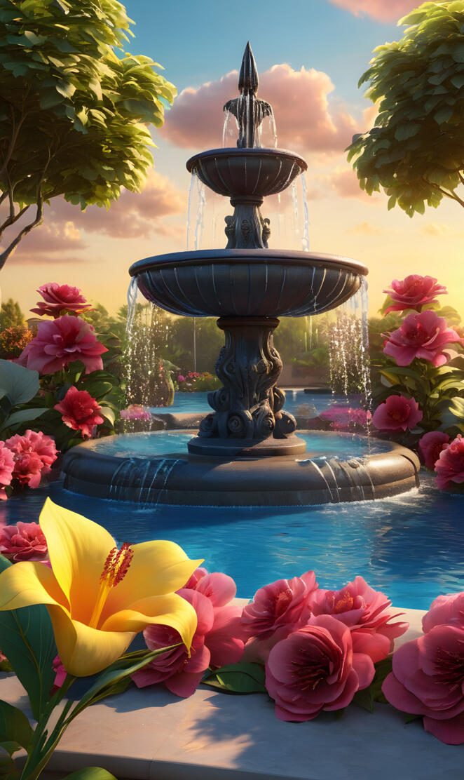 a fountain with flowers in bloom
