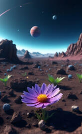 A flower blooming on a desolate planet