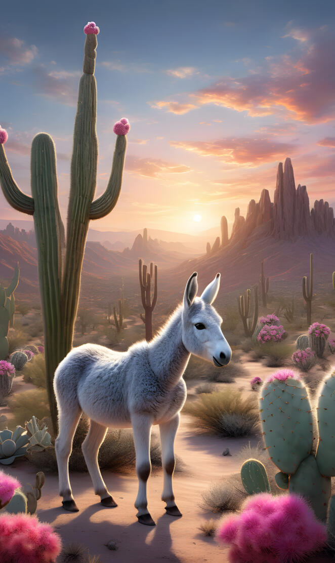 burro, cactus, sunrise