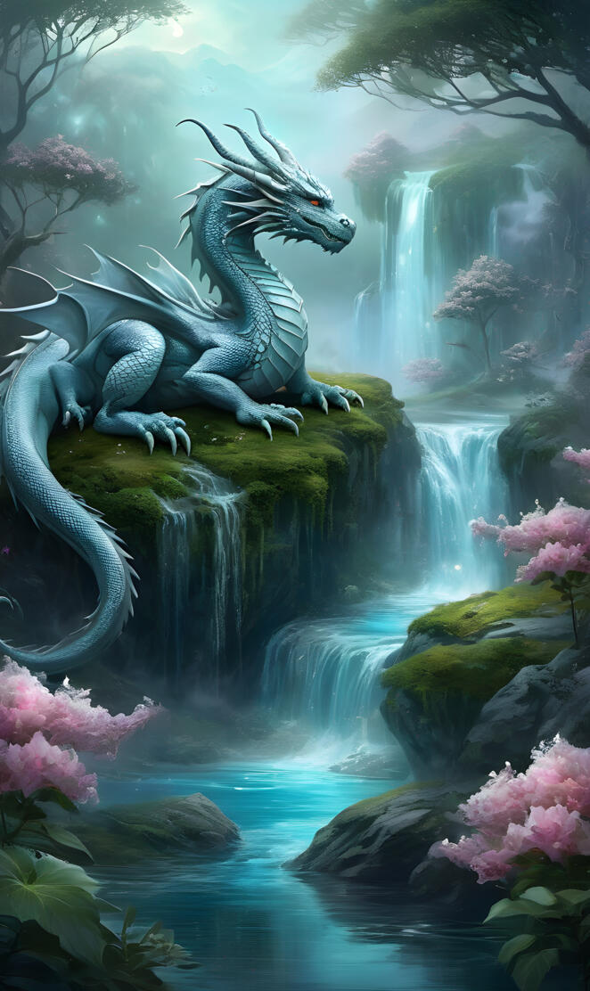 a green lizard on a rock in a waterfall