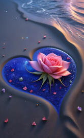 blue sand heart with pink rose bloom