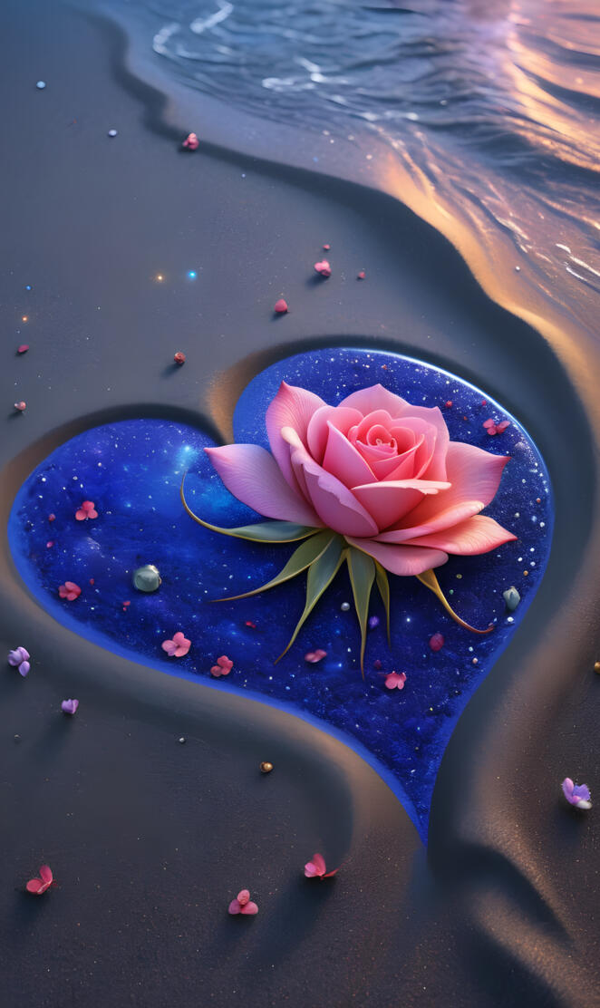 blue sand heart with pink rose bloom