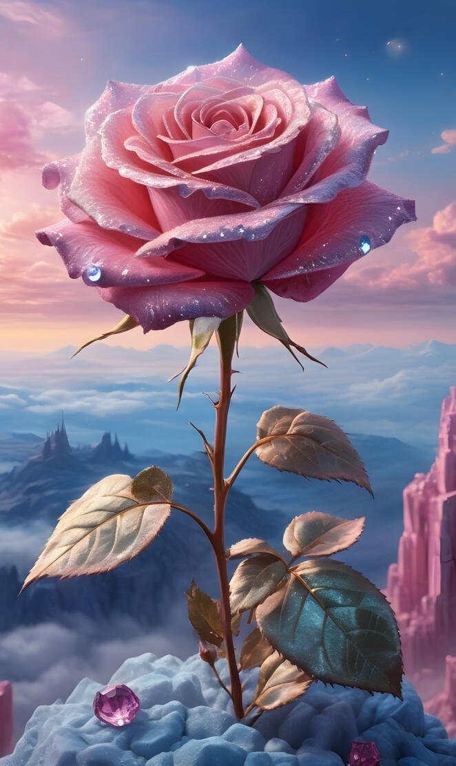 A single rose blooms atop a beautiful mountain