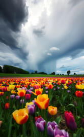 Vibrant Tulip Field with Colorful Flowers in Bloom