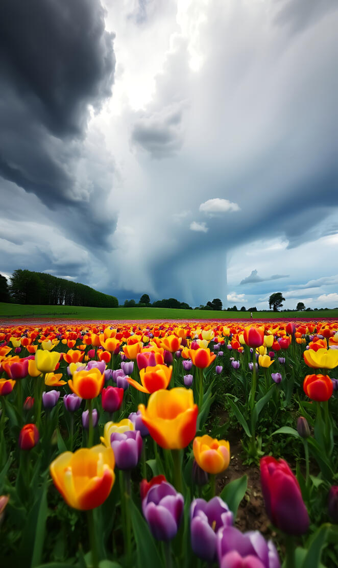 Vibrant Tulip Field with Colorful Flowers in Bloom