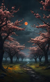 a path with cherry bloom trees with New Moon
