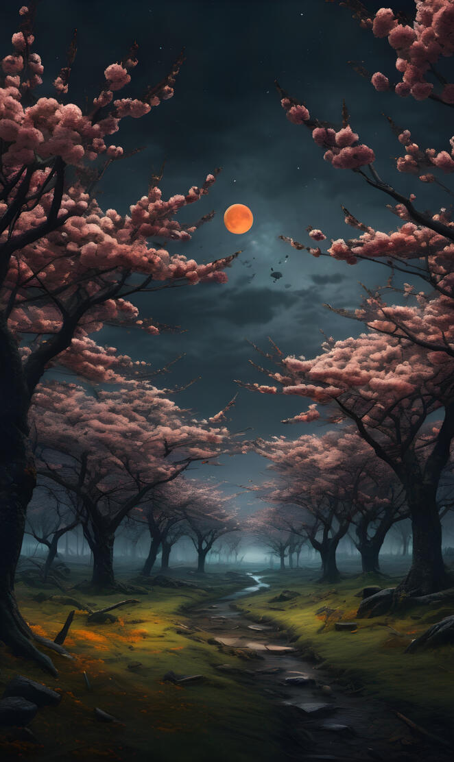 a path with cherry bloom trees with New Moon