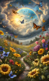 a field of flowers with butterflies