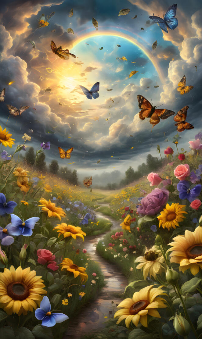 a field of flowers with butterflies