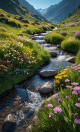 a stream with flowers and plants