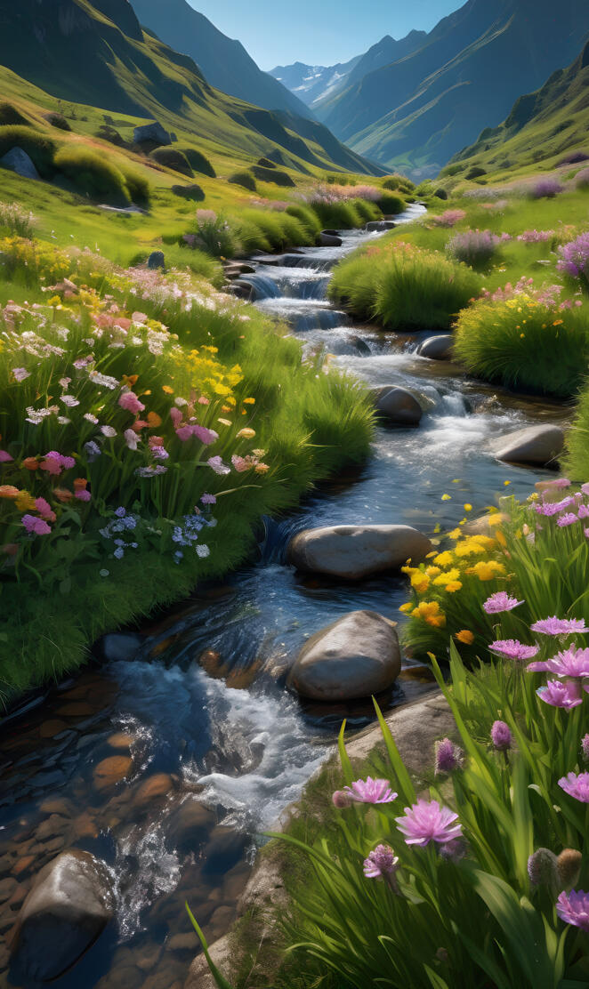 a stream with flowers and plants