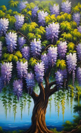 Beautiful oil painting of a Chinese wisteria in bloom