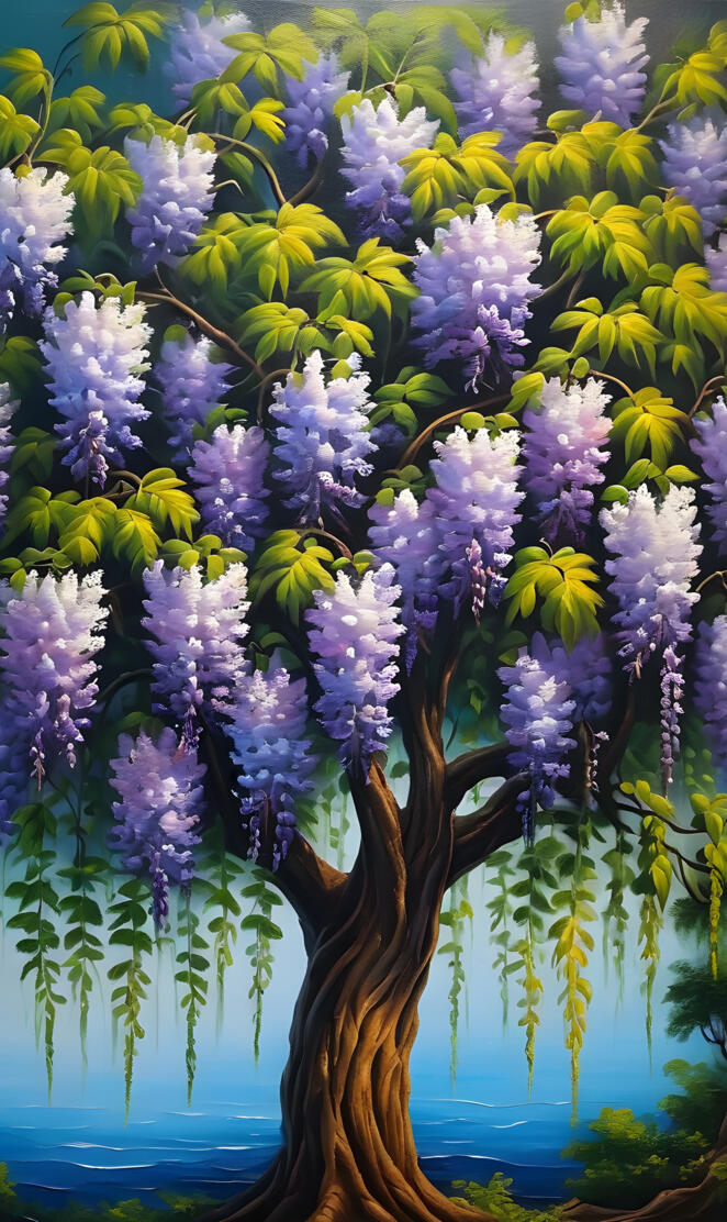 Beautiful oil painting of a Chinese wisteria in bloom