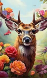A deer sit in a flower garden, butterfly flying, colourful